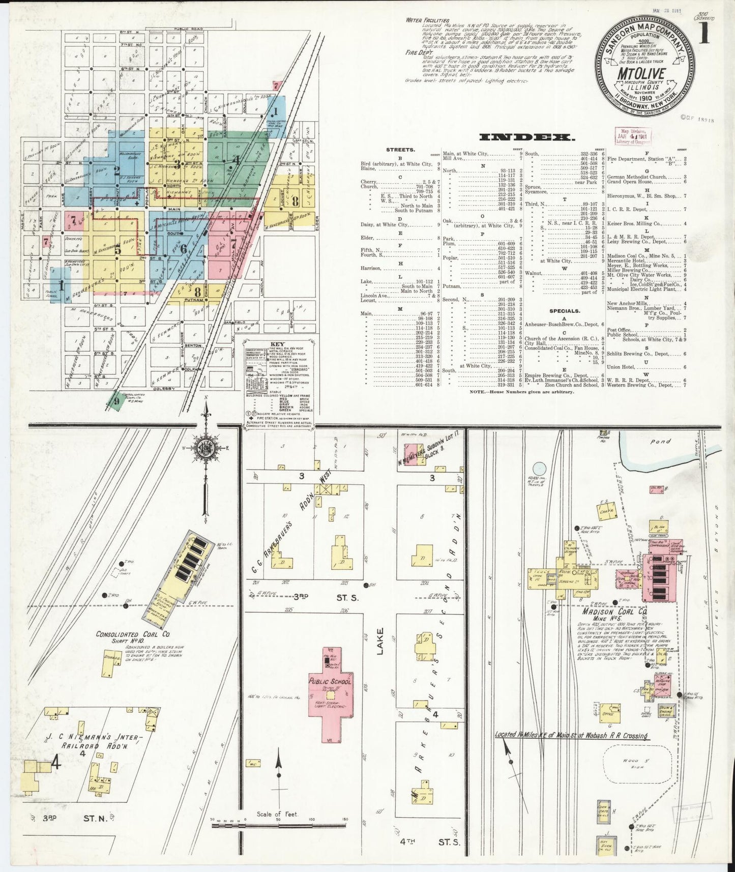 Sanborn Fire Insurance Map from Mount Olive, Macoupin County, Illinois (1910), Sheet #0001 - Complete Map Set gallery image, historic Sanborn map, vintage wall art, Illinois Illinois