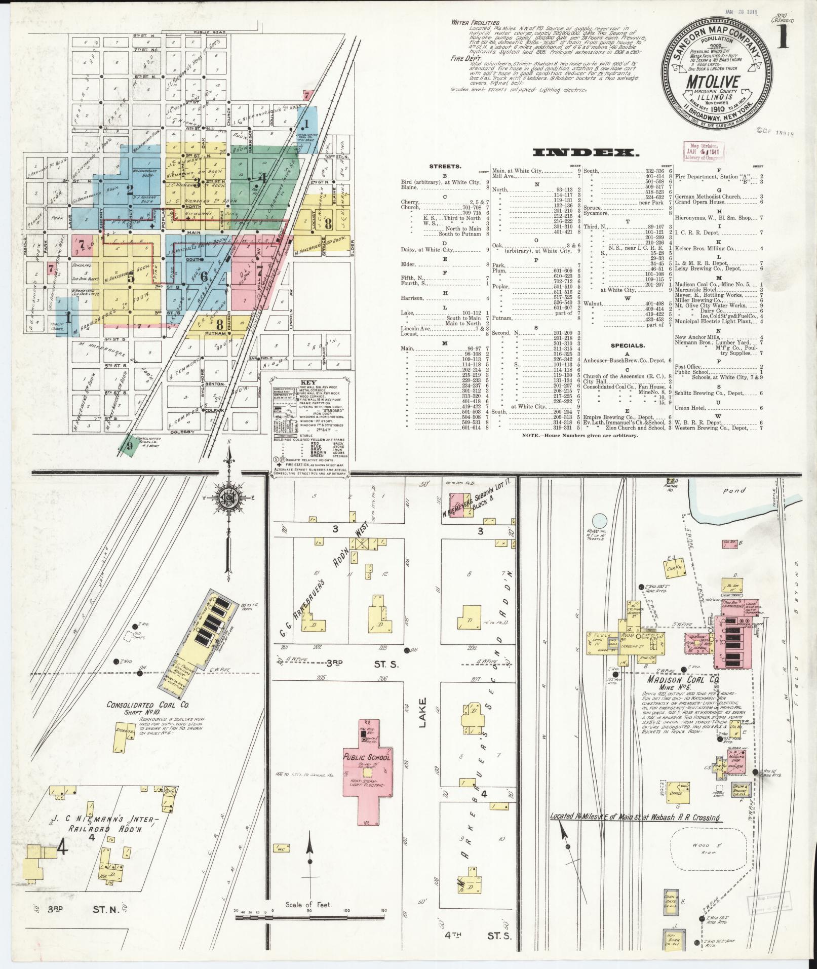 Sanborn Fire Insurance Map from Mount Olive, Macoupin County, Illinois (1910), Sheet #0001 - Complete Map Set gallery image, historic Sanborn map, vintage wall art, Illinois Illinois