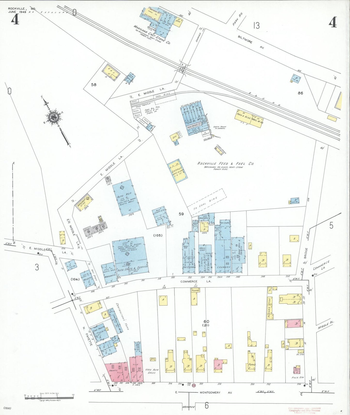 Sanborn Fire Insurance Map from Rockville, Montgomery County, Maryland (1949), Sheet #0004 - Historic Sanborn Fire Insurance Map Print, vintage old map wall art