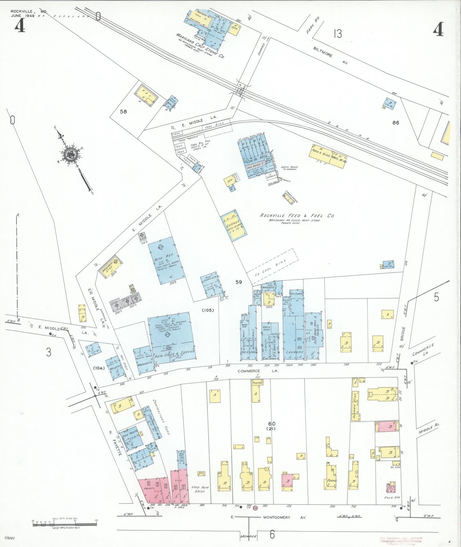 Sanborn Fire Insurance Map from Rockville, Montgomery County, Maryland (1949), Sheet #0004 - Historic Sanborn Fire Insurance Map Print, vintage old map wall art