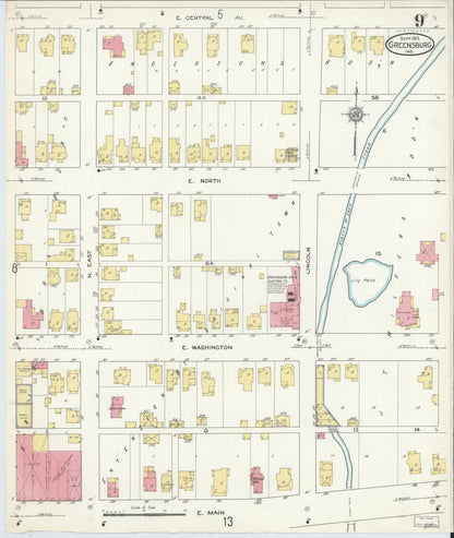 Sanborn Fire Insurance Map from Greensburg, Decatur County, Indiana (1913), Sheet #0009 - Complete Map Set gallery image, historic Sanborn map, vintage wall art, Indiana Indiana