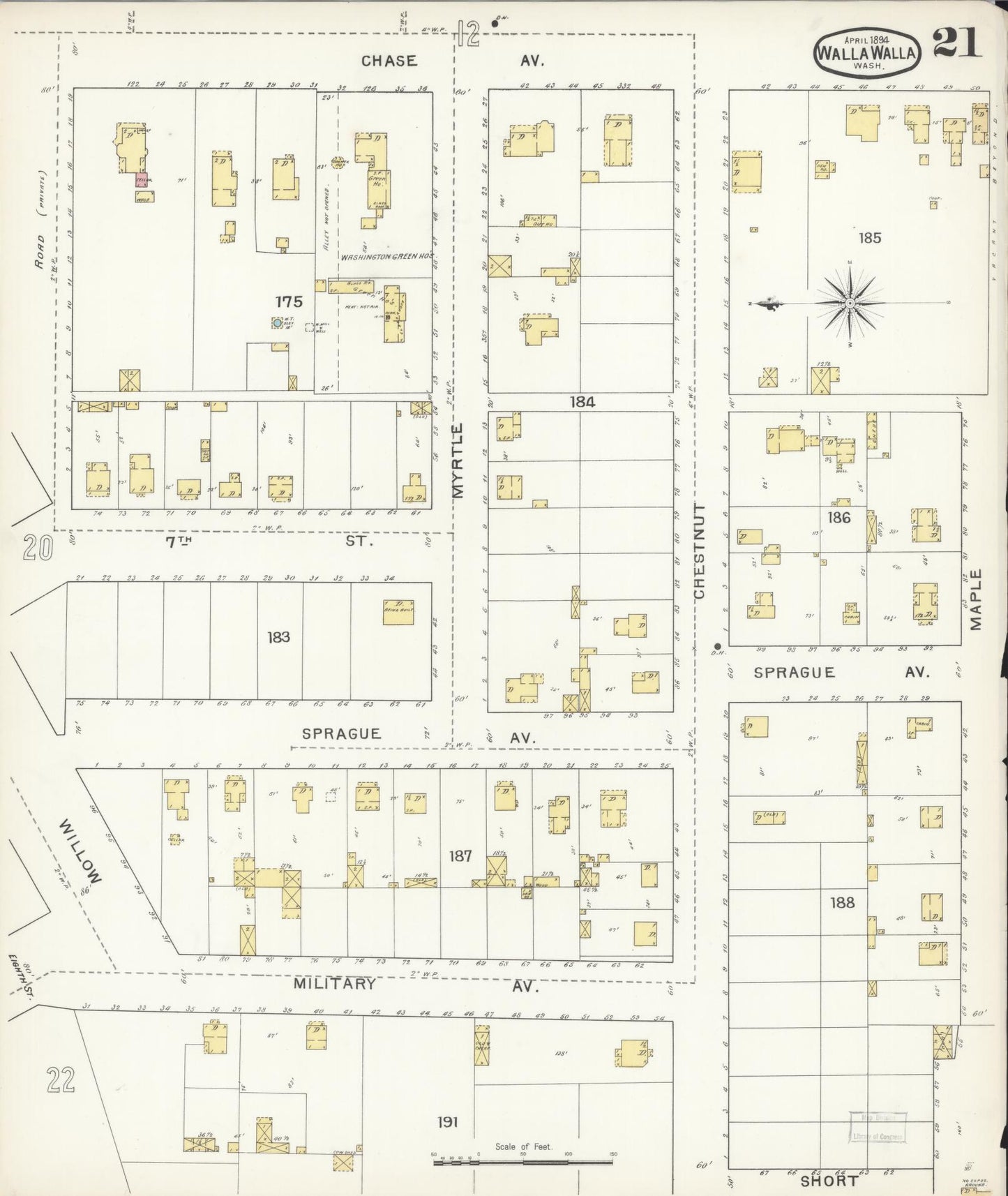 Sanborn Fire Insurance Map from Walla Walla, Walla Walla County, Washington (1894), Sheet #0021 - Historic Sanborn Fire Insurance Map Print, vintage old map wall art, antique decor, genealogy gift, Washington Washington map