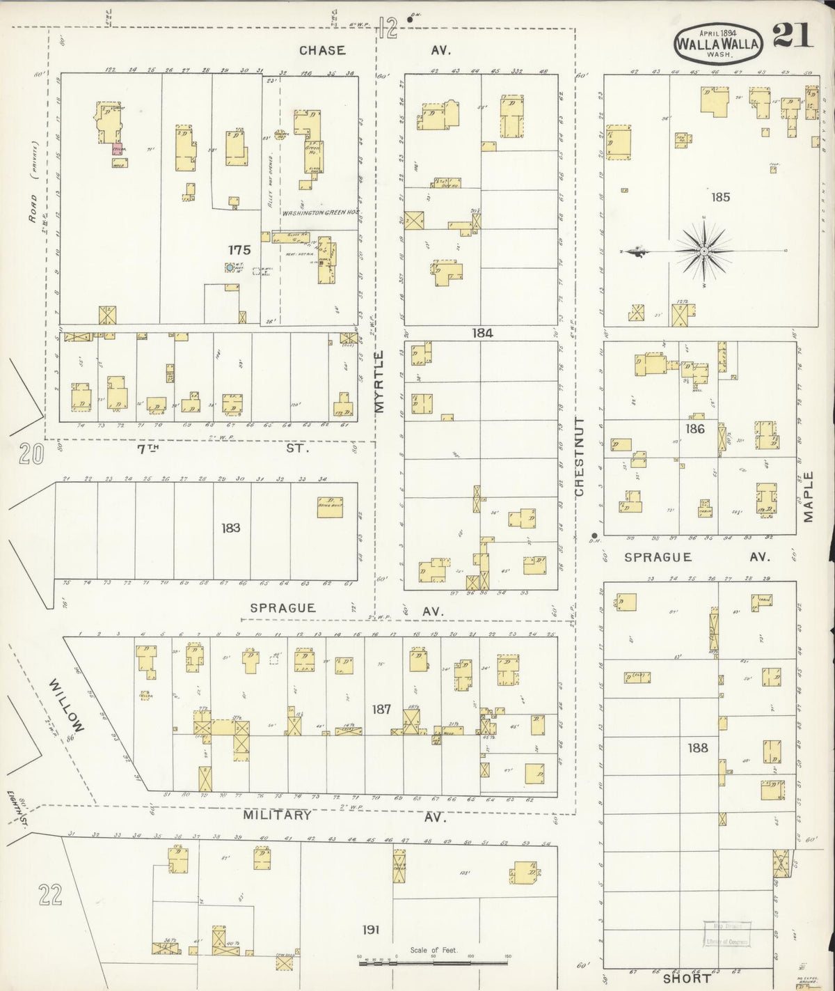 Sanborn Fire Insurance Map from Walla Walla, Walla Walla County, Washington (1894), Sheet #0021 - Historic Sanborn Fire Insurance Map Print, vintage old map wall art, antique decor, genealogy gift, Washington Washington map