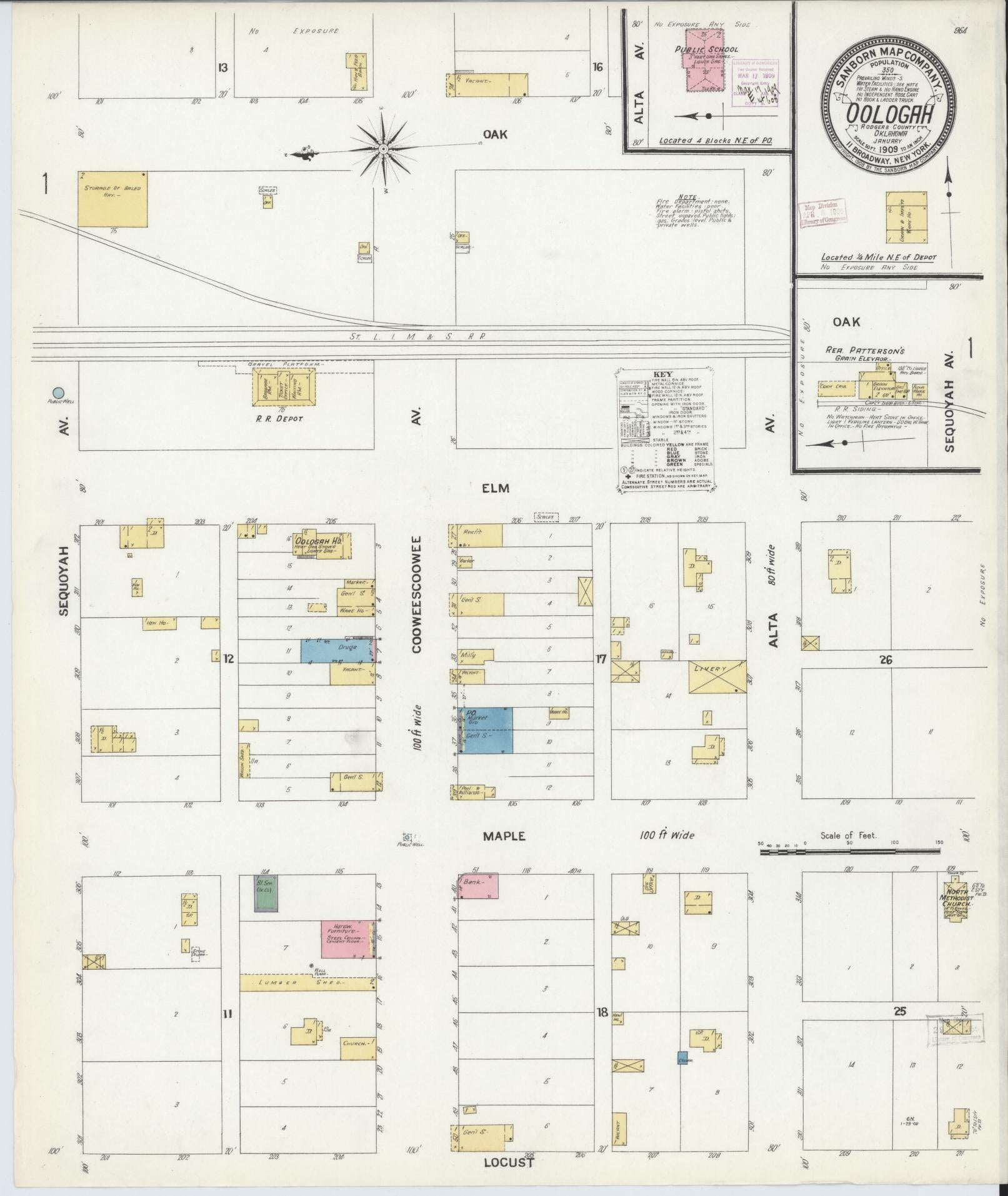 Sanborn Fire Insurance Map from Oologah, Rodgers County, Oklahoma (1909), Sheet #0001 - Historic Sanborn Fire Insurance Map Print, vintage old map wall art, antique decor, genealogy gift, Oklahoma Oklahoma map