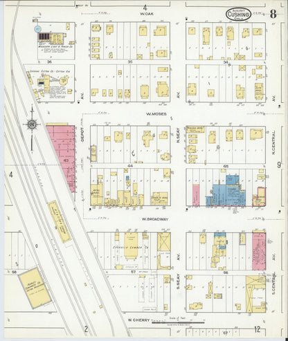 Sanborn Fire Insurance Map from Cushing, Payne County, Oklahoma (1917), Sheet #0008 - Complete Map Set gallery image, historic Sanborn map, vintage wall art, Oklahoma Oklahoma