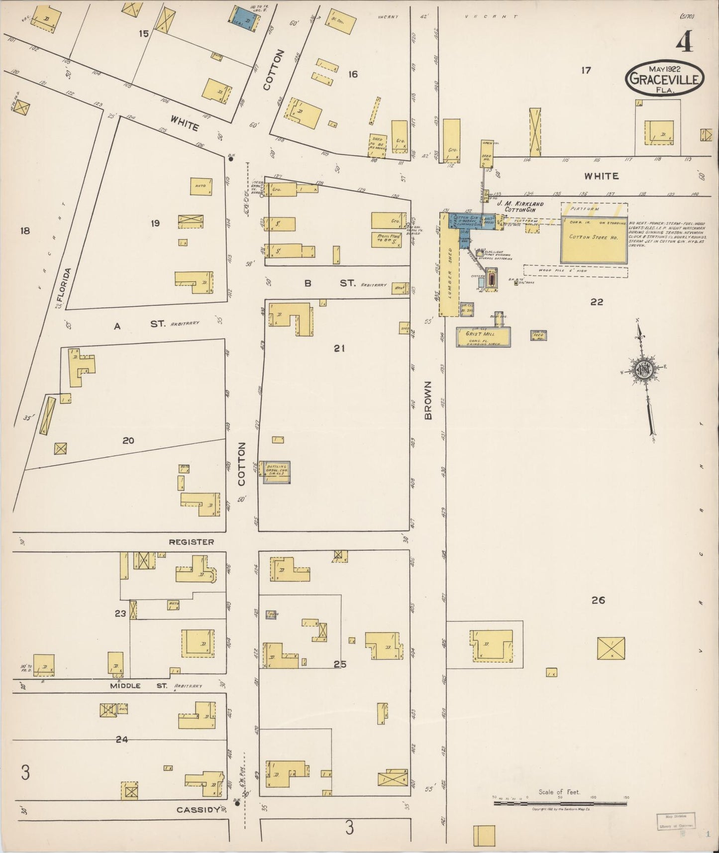 Sanborn Fire Insurance Map from Graceville, Jackson County, Florida (1922), Sheet #0004 - Complete Map Set gallery image, historic Sanborn map, vintage wall art, Florida Florida