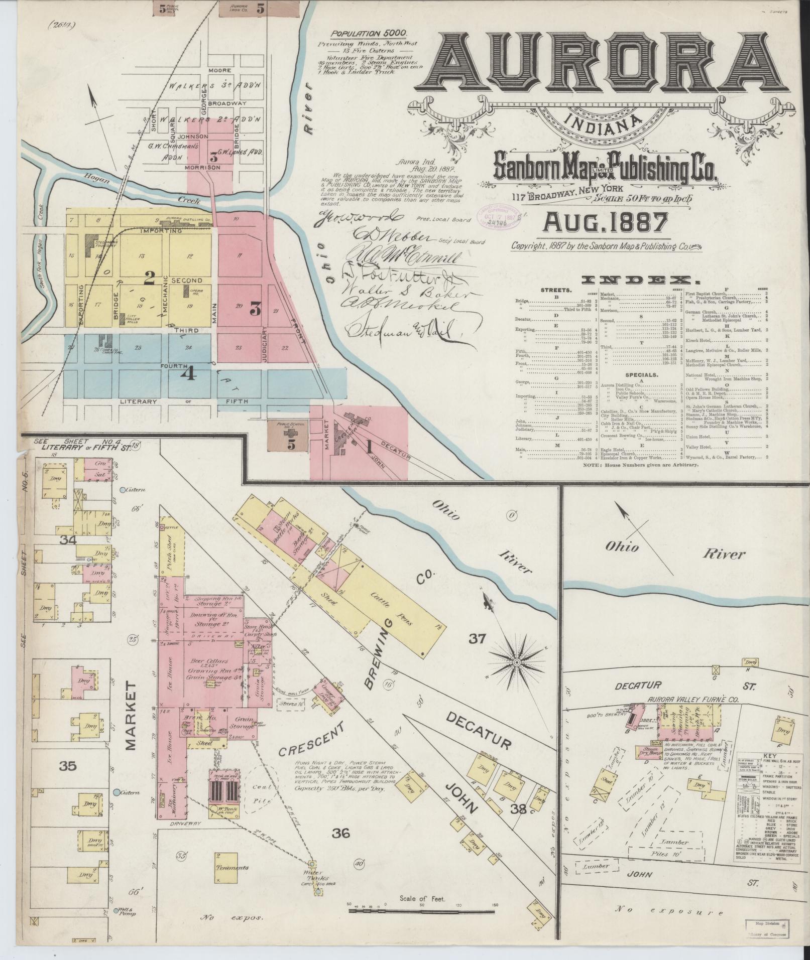 Sanborn Fire Insurance Map from Aurora, Dearborn County, Indiana (1887), Sheet #0001 - Complete Map Set gallery image, historic Sanborn map, vintage wall art, Indiana Indiana