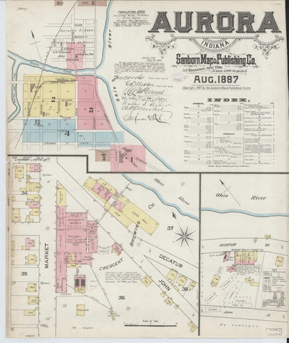 Sanborn Fire Insurance Map from Aurora, Dearborn County, Indiana (1887), Sheet #0001 - Complete Map Set gallery image, historic Sanborn map, vintage wall art, Indiana Indiana