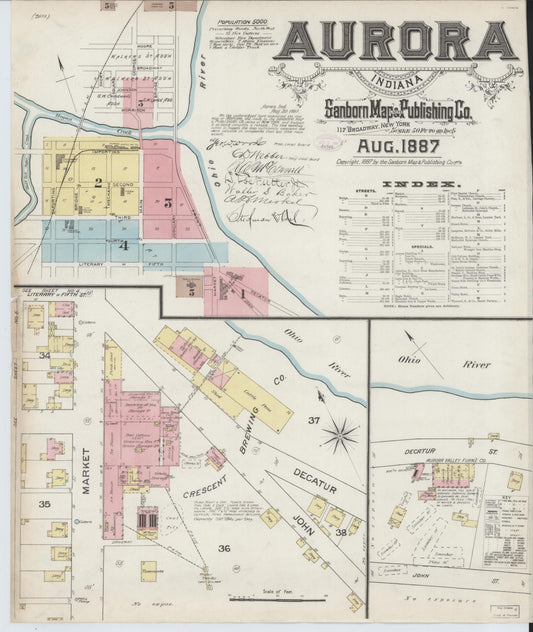 Sanborn Fire Insurance Map from Aurora, Dearborn County, Indiana (1887), Sheet #0001 - Complete Map Set gallery image, historic Sanborn map, vintage wall art, Indiana Indiana