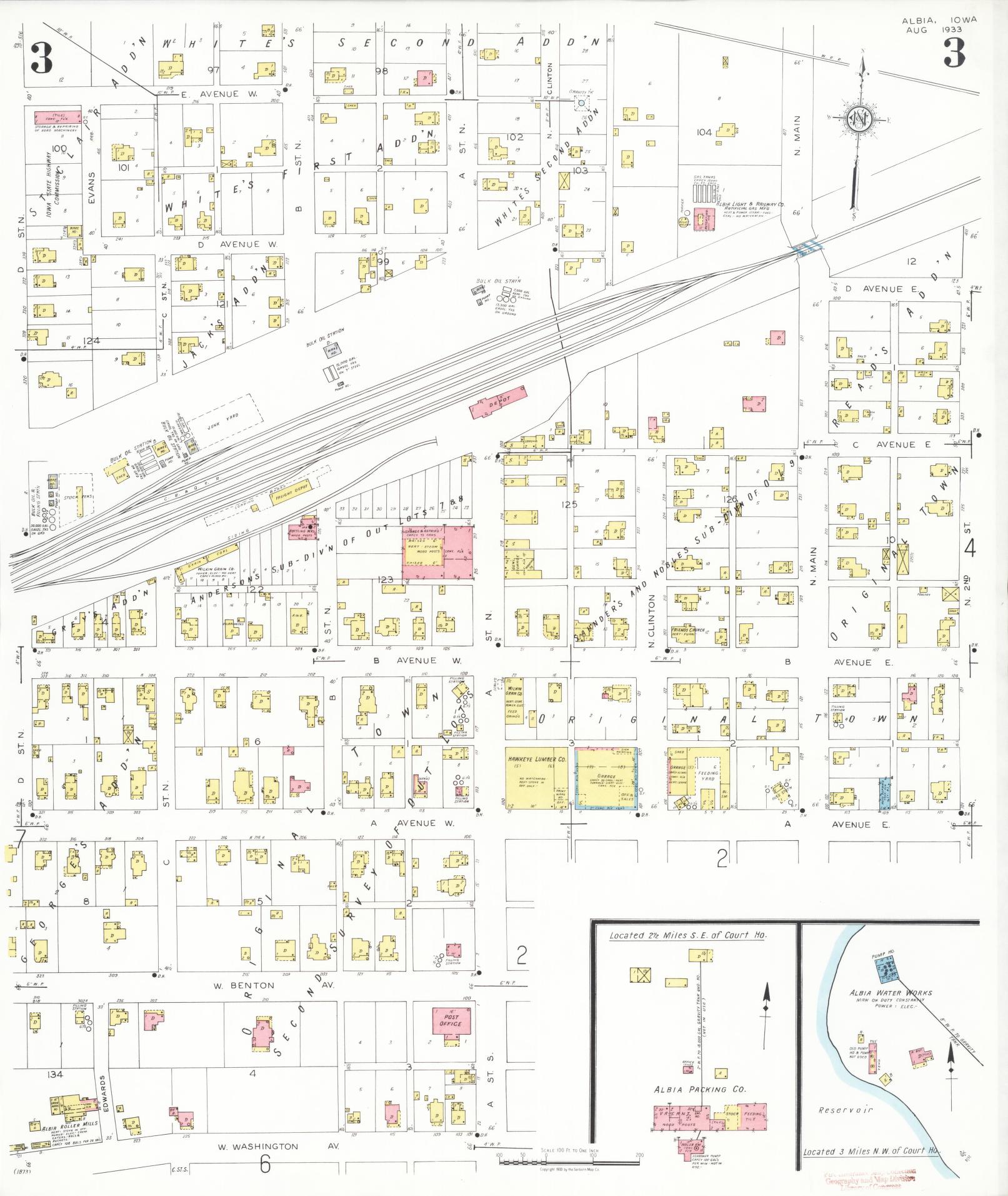 Sanborn Fire Insurance Map from Albia, Monroe County, Iowa (1933), Sheet #0003 - Historic Sanborn Fire Insurance Map Print, vintage old map wall art