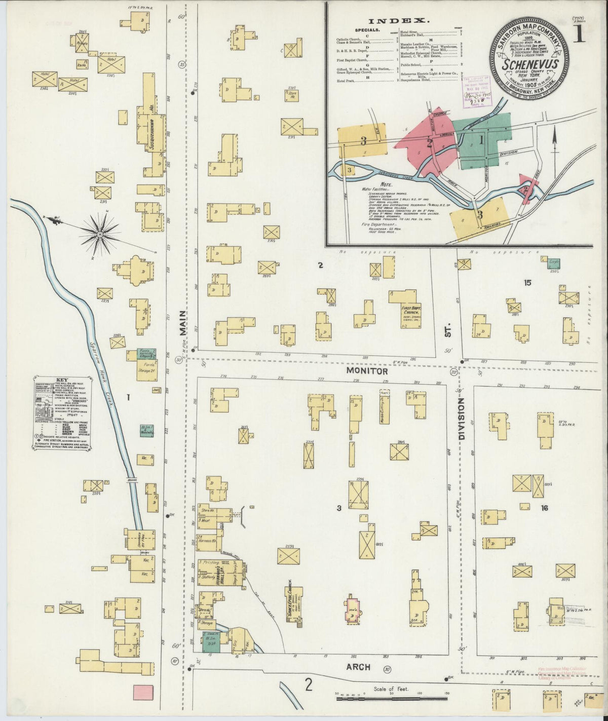 Sanborn Fire Insurance Map from Schenevus, Otsego County, New York (1905), Sheet #0001 - Historic Sanborn Fire Insurance Map Print, vintage old map wall art, antique decor, genealogy gift, New York New York map