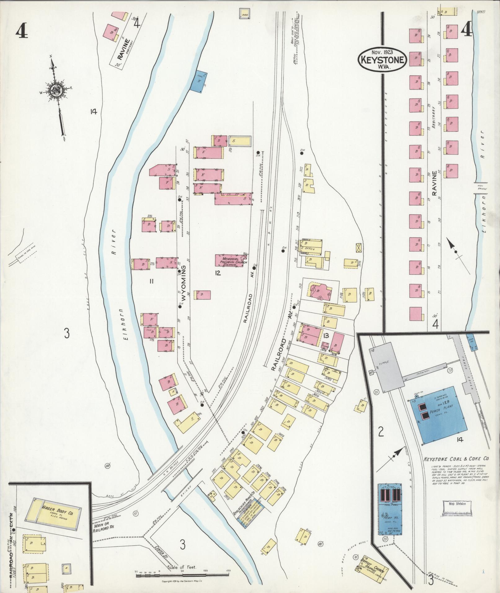 Sanborn Fire Insurance Map from Keystone, Mcdowell County, West Virginia (1923), Sheet #0004 - Complete Map Set gallery image, historic Sanborn map, vintage wall art, West Virginia West Virginia