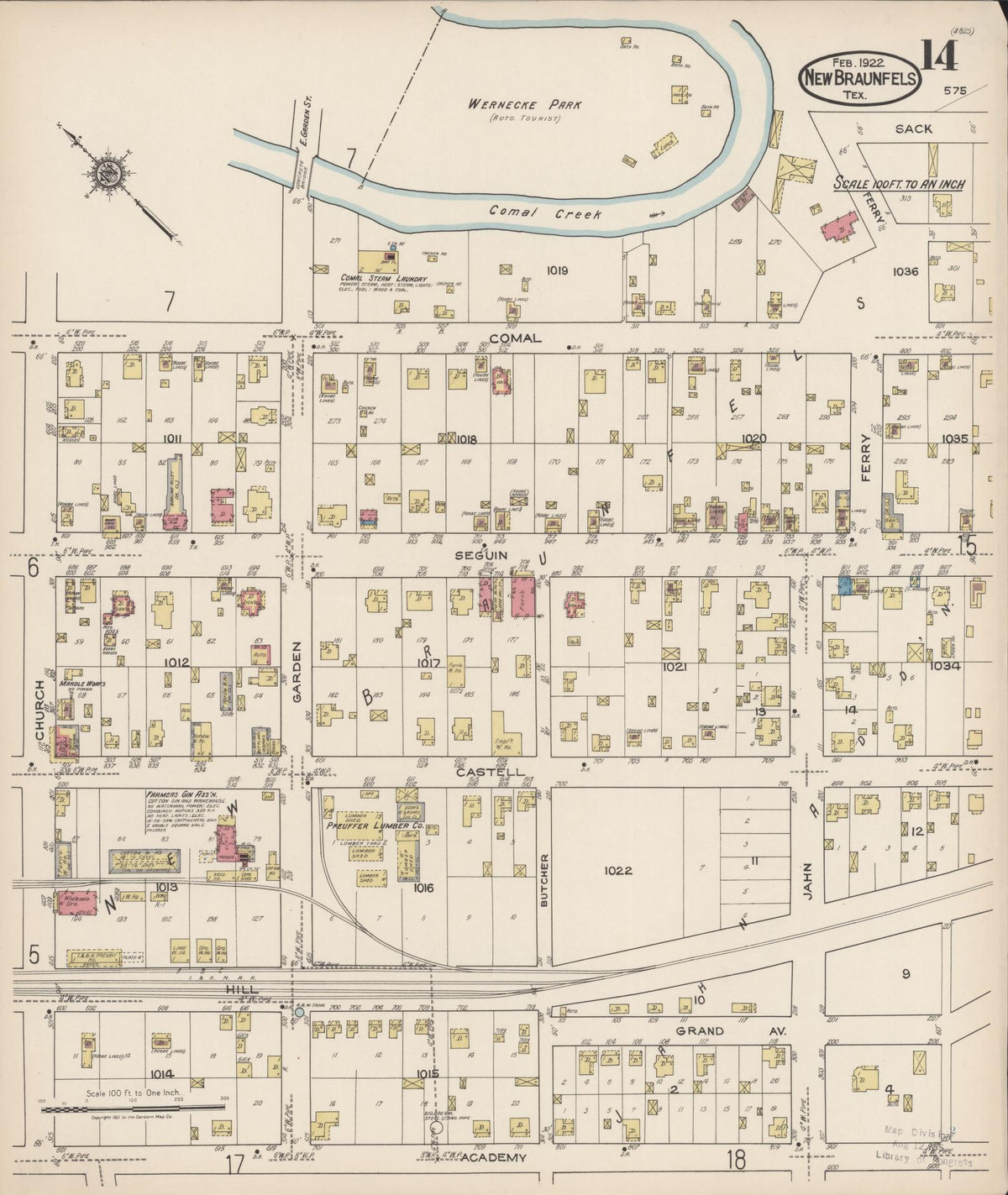 Sanborn Fire Insurance Map from New Braunfels, Comal County, Texas (1922), Sheet #0014 - Historic Sanborn Fire Insurance Map Print, vintage old map wall art, antique decor, genealogy gift, Texas Texas map