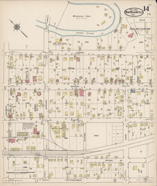 Sanborn Fire Insurance Map from New Braunfels, Comal County, Texas (1922), Sheet #0014 - Historic Sanborn Fire Insurance Map Print, vintage old map wall art, antique decor, genealogy gift, Texas Texas map