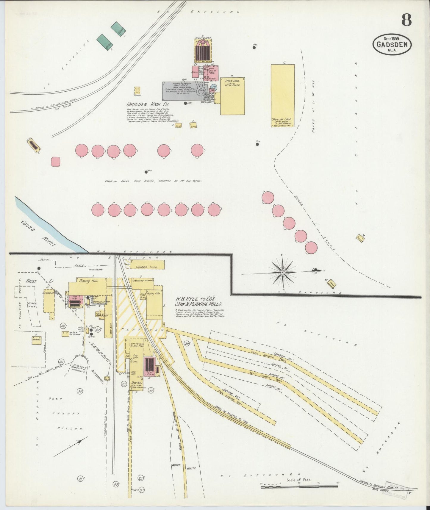Sanborn Fire Insurance Map from Gadsden, Etowah County, Alabama (1899), Sheet #0008 - Historic Sanborn Fire Insurance Map Print, vintage old map wall art, antique decor, genealogy gift, Alabama Alabama map