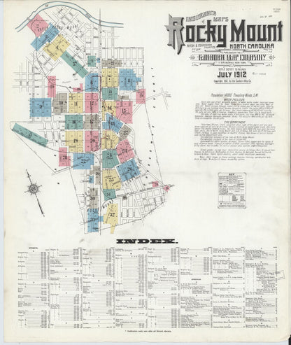 Sanborn Fire Insurance Map from Rocky Mount, Edgecombe And Nash Counties, North Carolina (1912), Sheet #0001 - Historic Sanborn Fire Insurance Map Print, vintage old map wall art, antique decor, genealogy gift, North Carolina North Carolina map