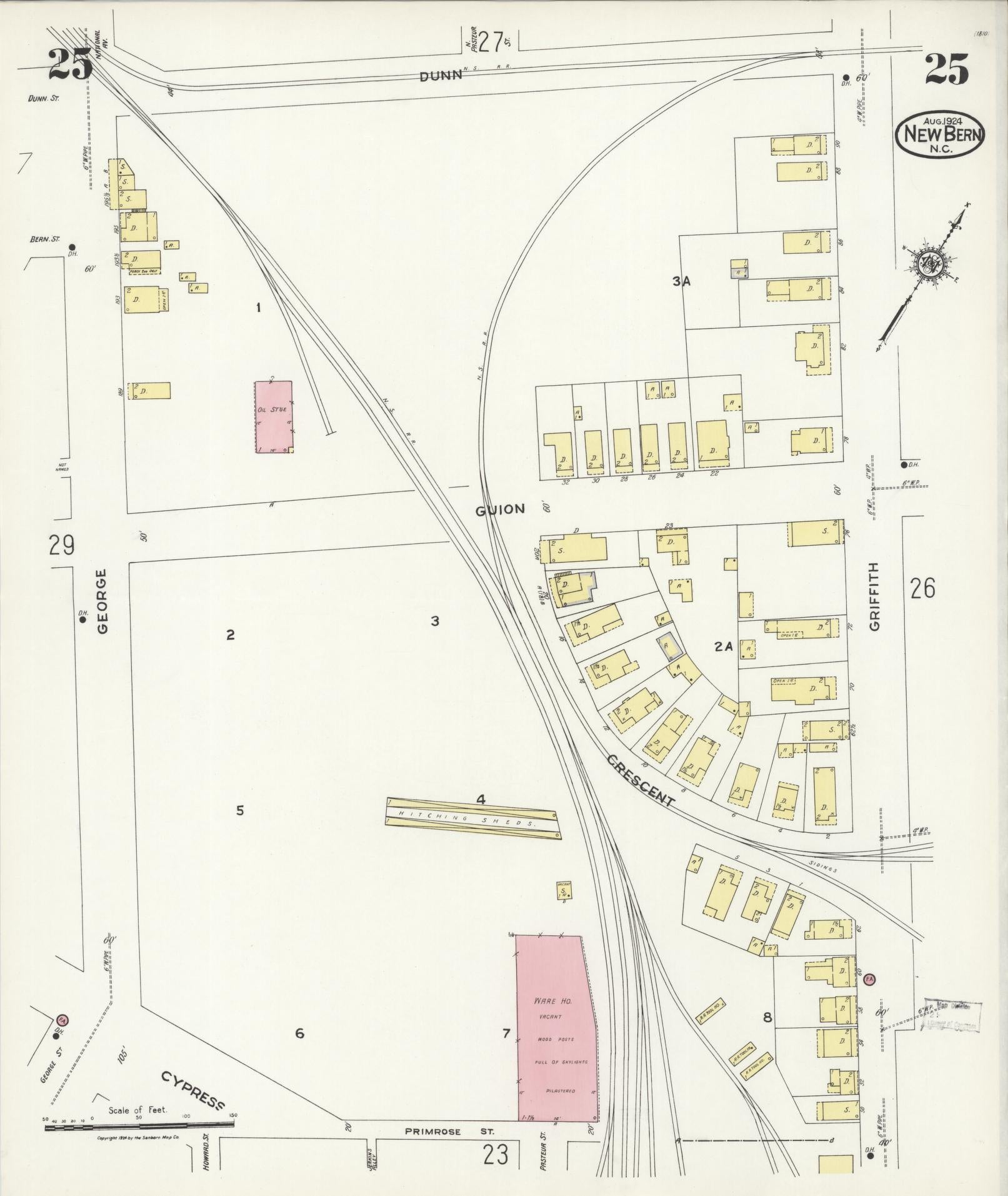 Sanborn Fire Insurance Map from New Bern, Craven County, North Carolina (1924), Sheet #0025 - Complete Map Set gallery image, historic Sanborn map, vintage wall art, North Carolina North Carolina
