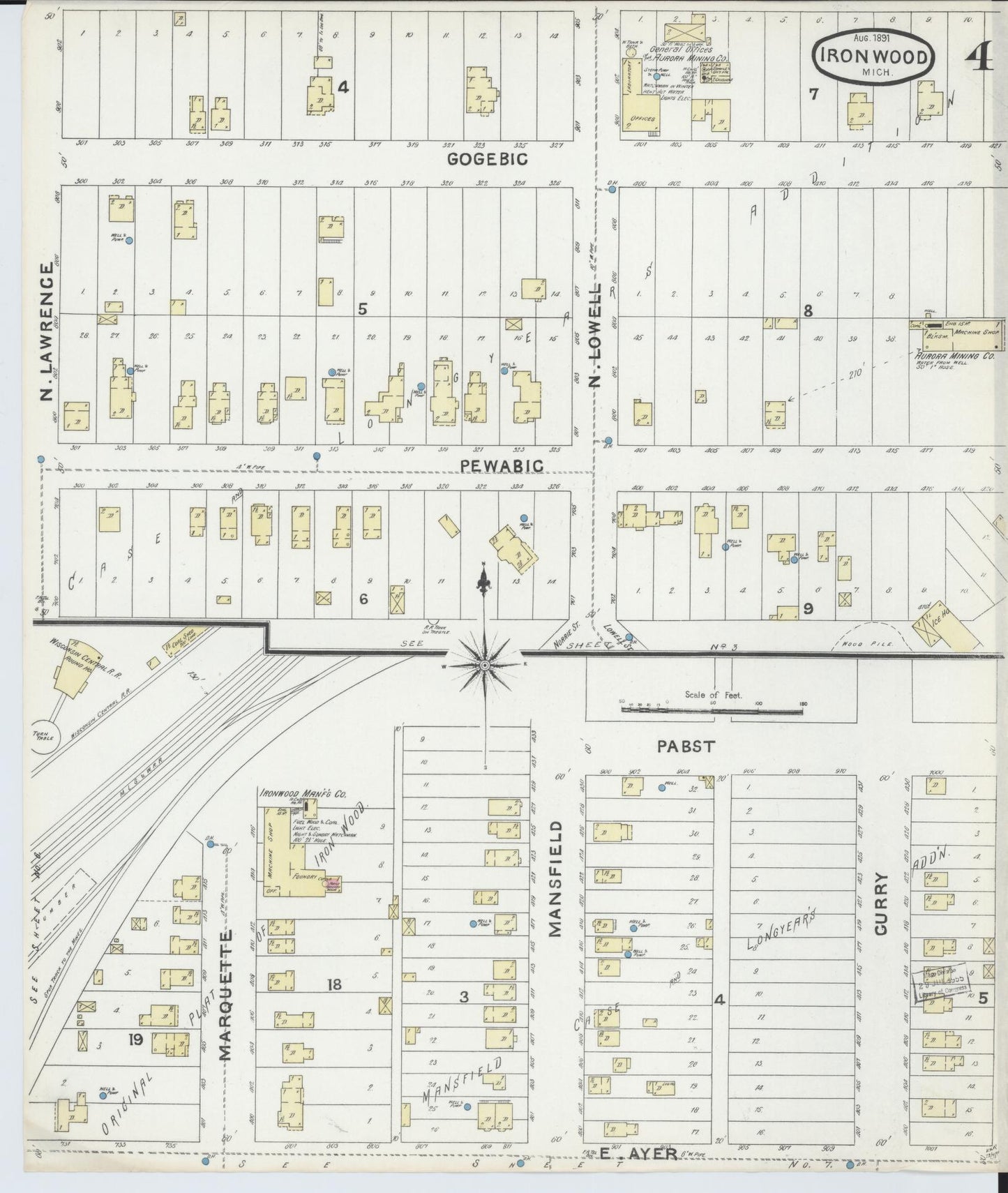 Sanborn Fire Insurance Map from Ironwood, Gogebic County, Michigan (1891), Sheet #0004 - Complete Map Set gallery image, historic Sanborn map, vintage wall art, Michigan Michigan