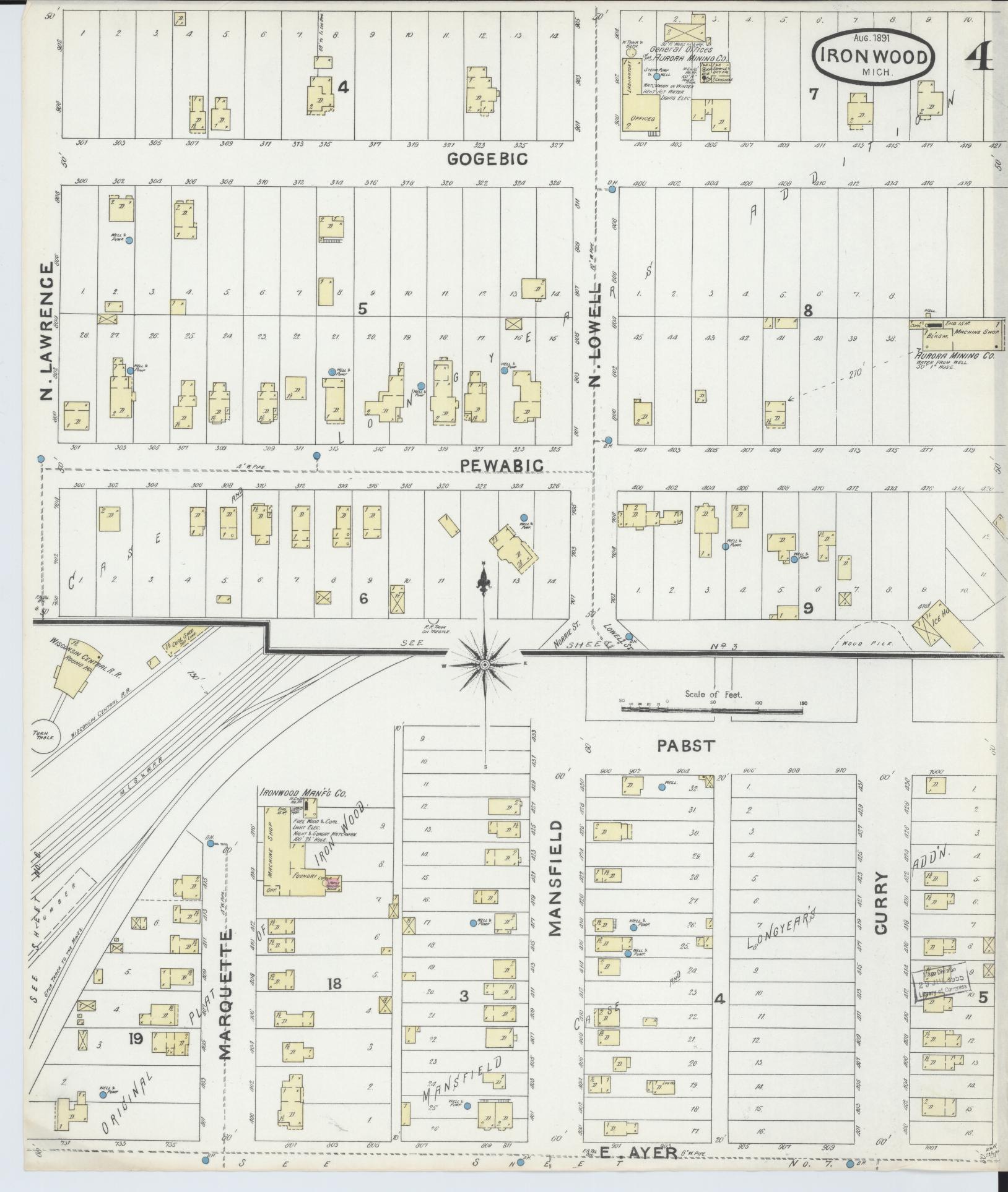 Sanborn Fire Insurance Map from Ironwood, Gogebic County, Michigan (1891), Sheet #0004 - Complete Map Set gallery image, historic Sanborn map, vintage wall art, Michigan Michigan