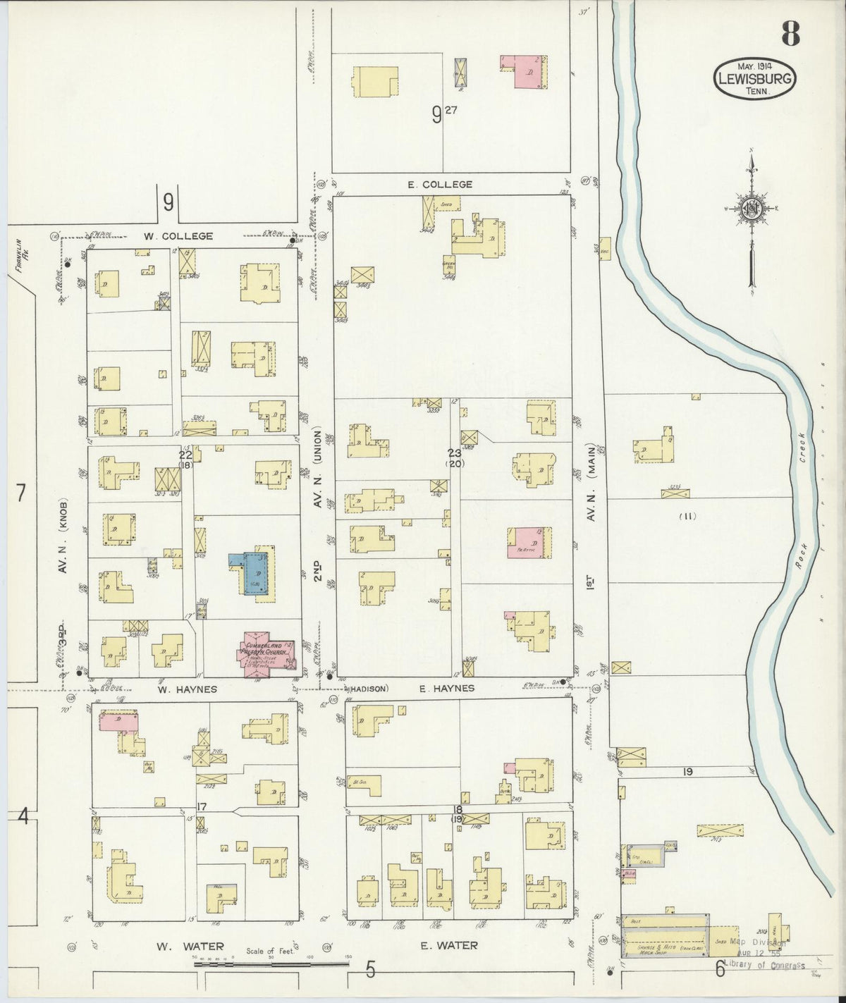 Sanborn Fire Insurance Map from Lewisburg, Marshall County, Tennessee (1914), Sheet #0008 - Complete Map Set gallery image, historic Sanborn map, vintage wall art, Tennessee Tennessee