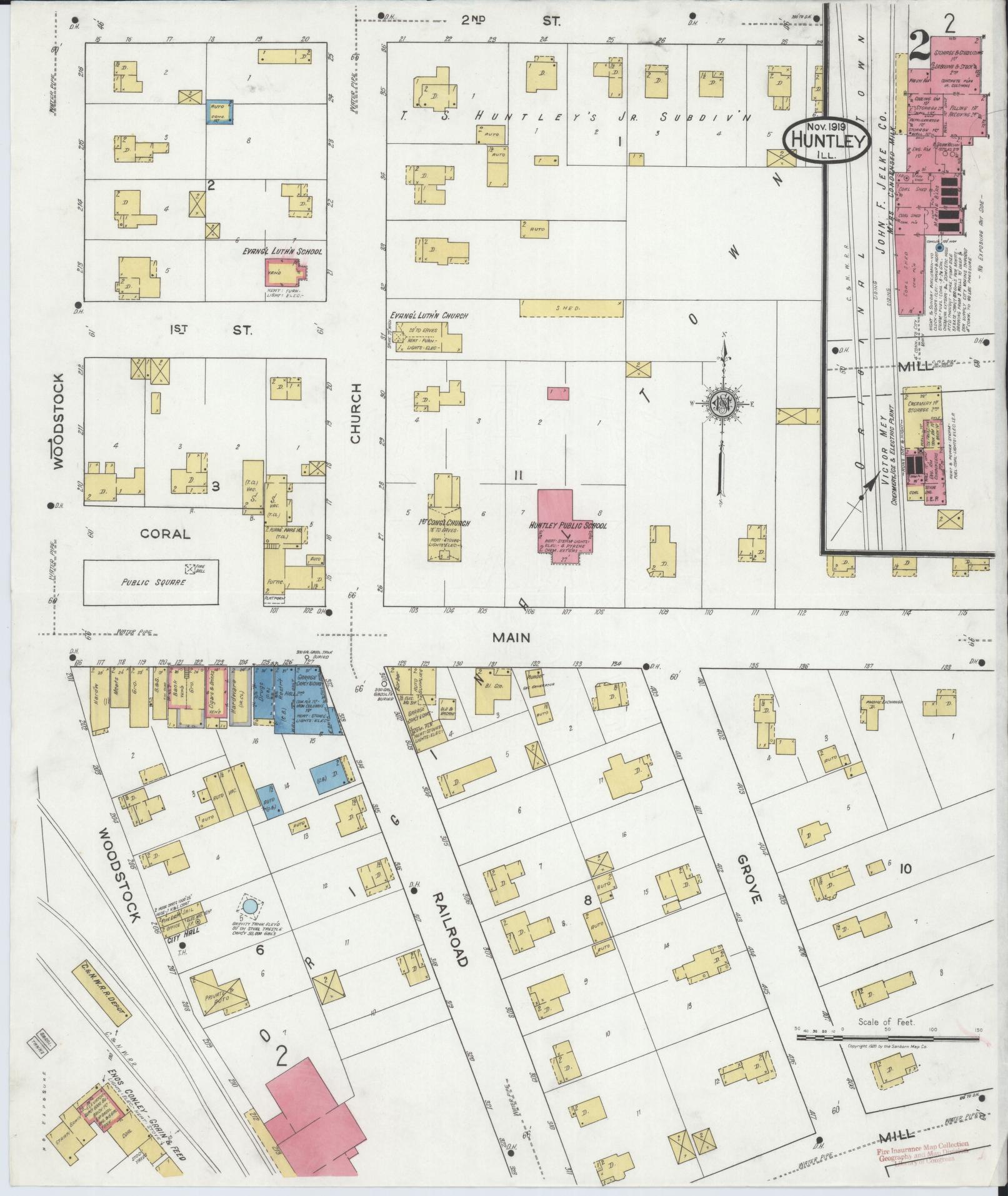 Sanborn Fire Insurance Map from Huntley, McHenry County, Illinois (1919), Sheet #0002 - Historic Sanborn Fire Insurance Map Print, vintage old map wall art, antique decor, genealogy gift, Illinois Illinois map