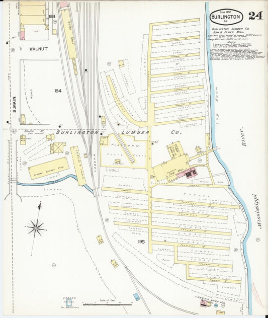 Sanborn Fire Insurance Map from Burlington, Des Moines County, Iowa (1892), Sheet #0024 - Historic Sanborn Fire Insurance Map Print, vintage old map wall art