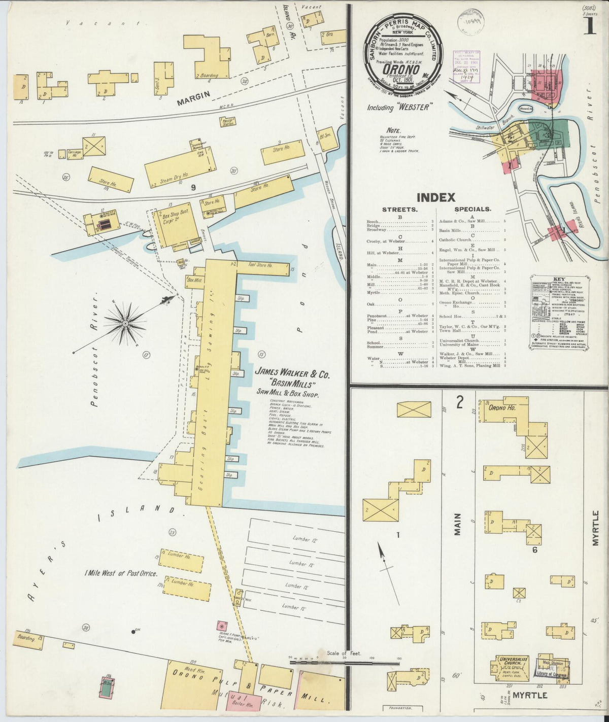 Sanborn Fire Insurance Map from Orono, Penobscot County, Maine (1901), Sheet #0001 - Historic Sanborn Fire Insurance Map Print, vintage old map wall art, antique decor, genealogy gift, Maine Maine map