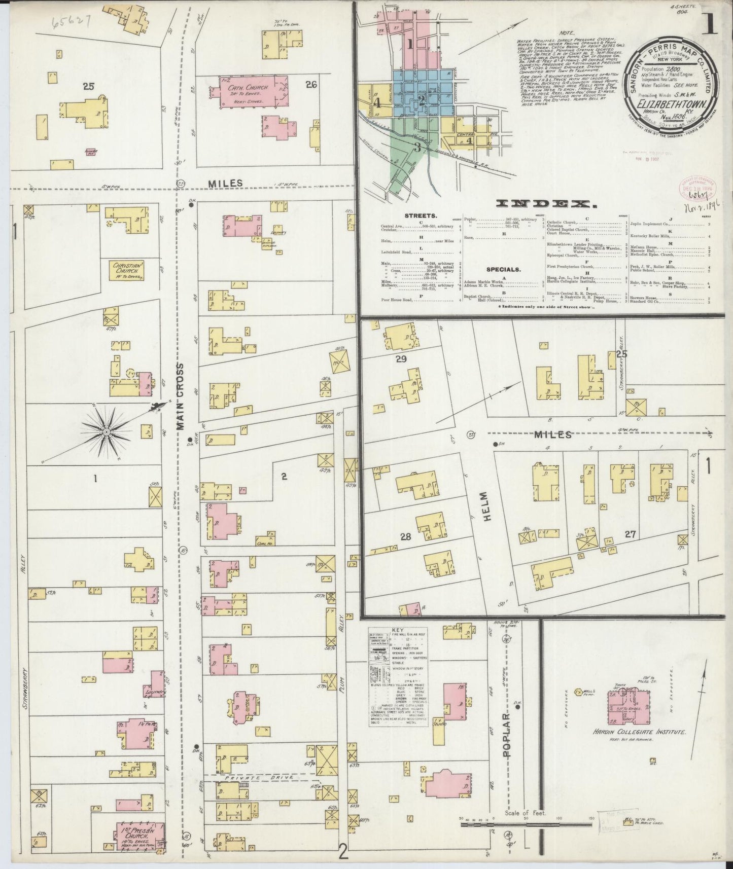 Sanborn Fire Insurance Map from Elizabethtown, Hardin County, Kentucky (1896), Sheet #0001 - Historic Sanborn Fire Insurance Map Print, vintage old map wall art, antique decor, genealogy gift, Kentucky Kentucky map
