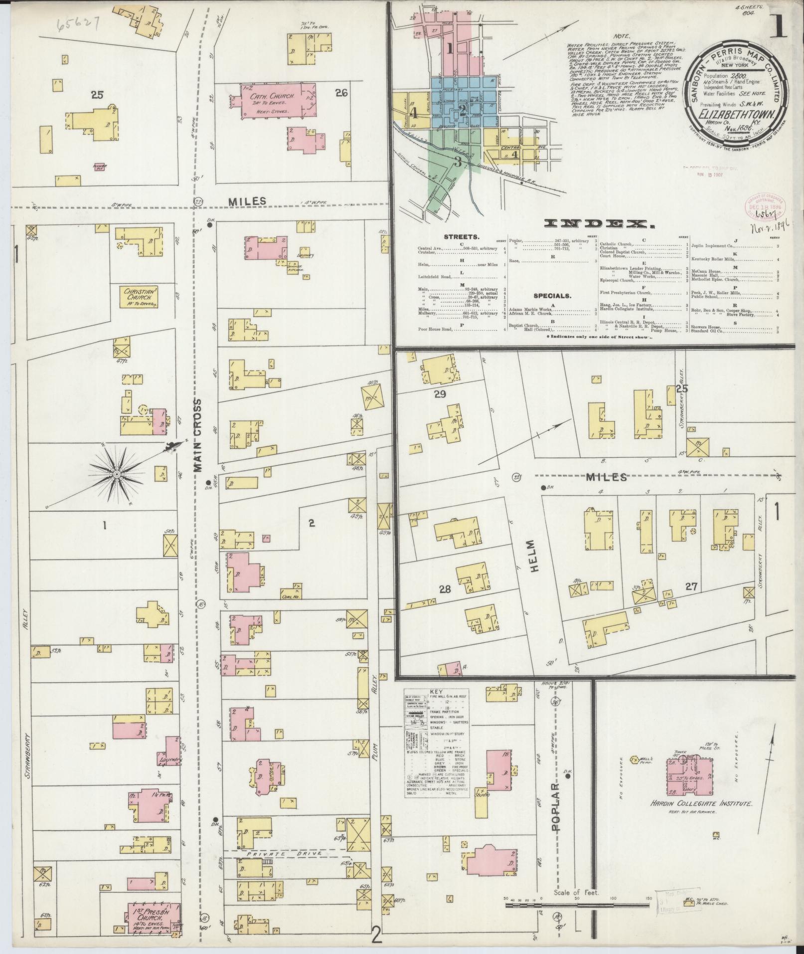 Sanborn Fire Insurance Map from Elizabethtown, Hardin County, Kentucky (1896), Sheet #0001 - Historic Sanborn Fire Insurance Map Print, vintage old map wall art, antique decor, genealogy gift, Kentucky Kentucky map
