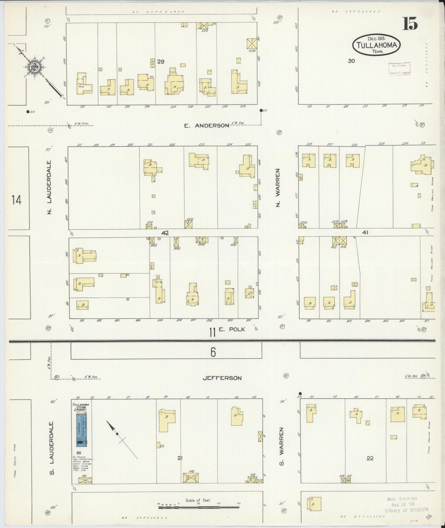 Sanborn Fire Insurance Map from Tullahoma, Coffee County, Tennessee (1913), Sheet #0015 - Complete Map Set gallery image, historic Sanborn map, vintage wall art, Tennessee Tennessee