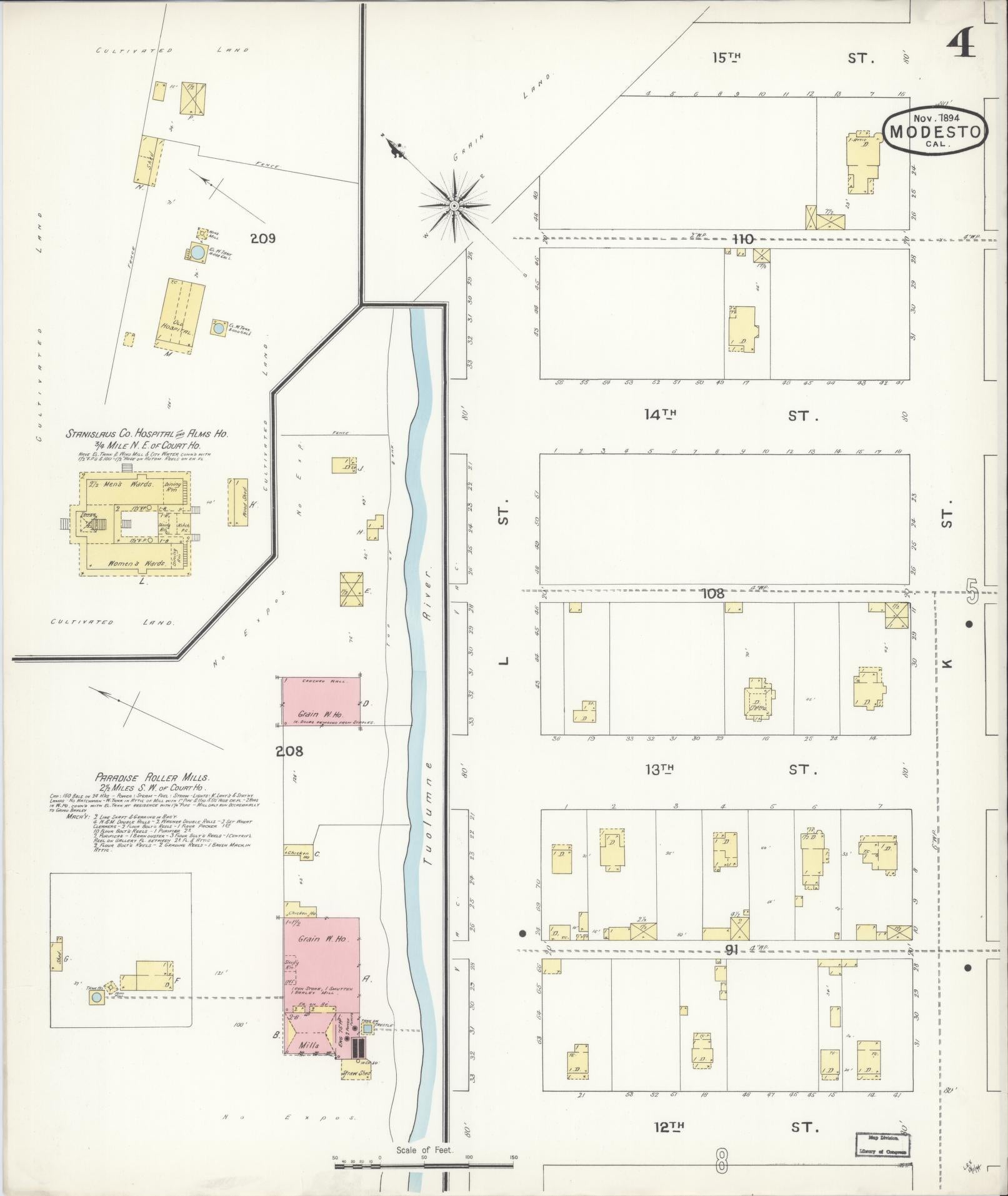 Sanborn Fire Insurance Map from Modesto, Stanislaus County, California (1894), Sheet #0004 - Historic Sanborn Fire Insurance Map Print, vintage old map wall art, antique decor, genealogy gift, California California map