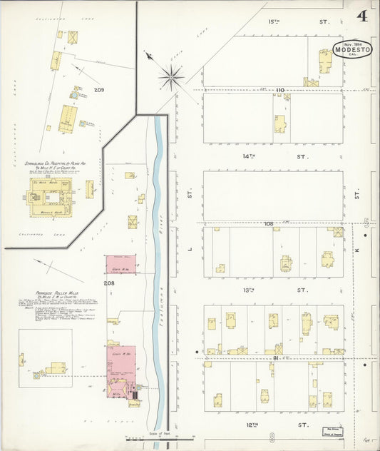 Sanborn Fire Insurance Map from Modesto, Stanislaus County, California (1894), Sheet #0004 - Historic Sanborn Fire Insurance Map Print, vintage old map wall art, antique decor, genealogy gift, California California map