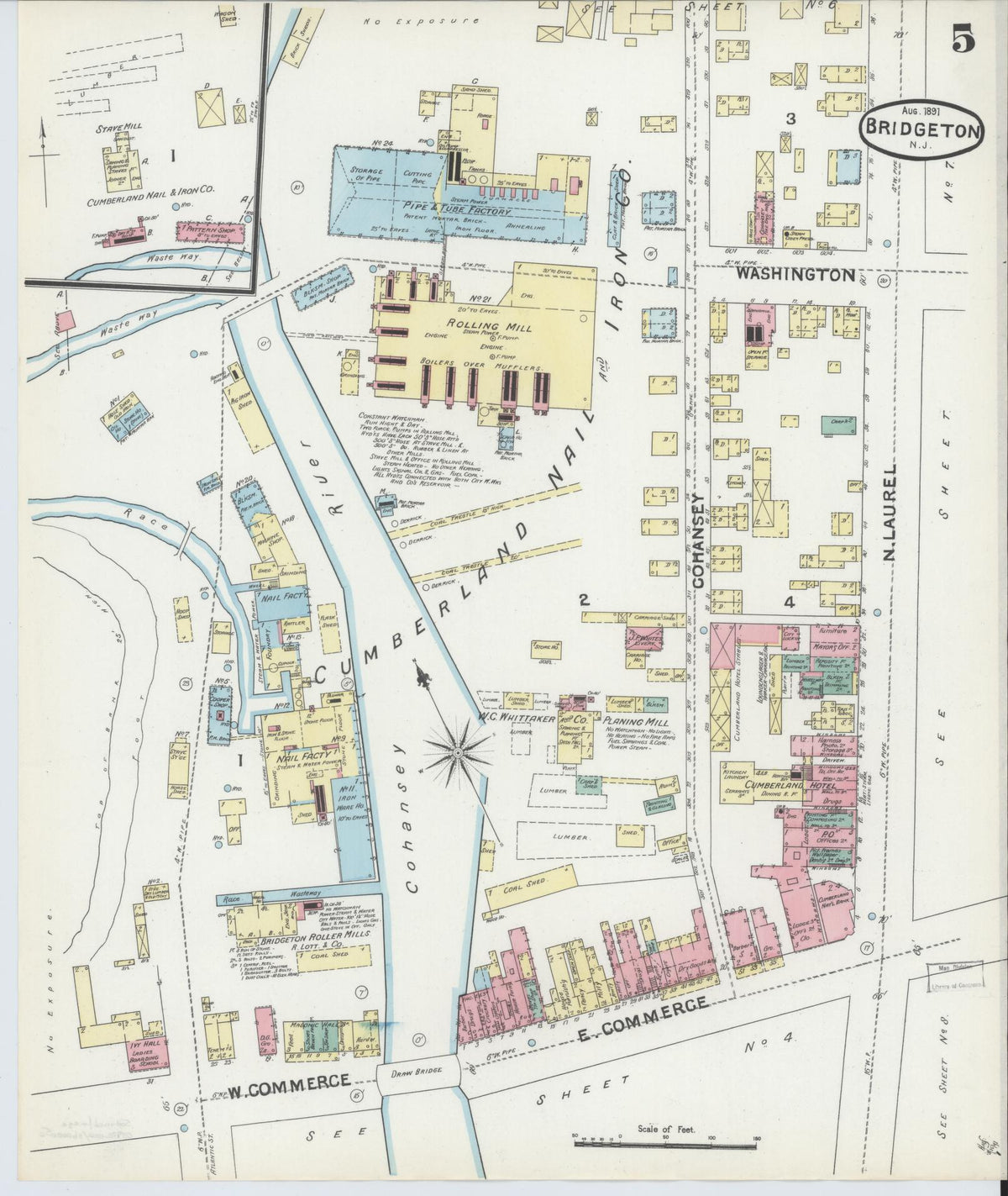 Sanborn Fire Insurance Map from Bridgeton, Cumberland County, New Jersey (1891), Sheet #0005 - Historic Sanborn Fire Insurance Map Print, vintage old map wall art, antique decor, genealogy gift, New Jersey New Jersey map