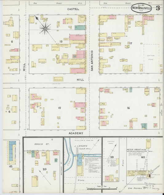 Sanborn Fire Insurance Map from New Braunfels, Comal County, Texas (1891), Sheet #0003 - Historic Sanborn Fire Insurance Map Print, vintage old map wall art, antique decor, genealogy gift, Texas Texas map