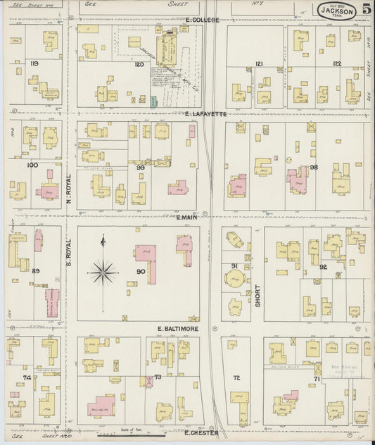 Sanborn Fire Insurance Map from Jackson, Madison County, Tennessee (1890), Sheet #0005 - Historic Sanborn Fire Insurance Map Print, vintage old map wall art, antique decor, genealogy gift, Tennessee Tennessee map