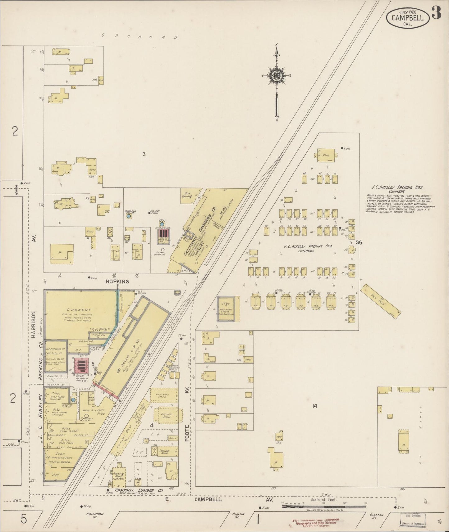 Sanborn Fire Insurance Map from Campbell, Santa Clara County, California (1920), Sheet #0003 - Historic Sanborn Fire Insurance Map Print, vintage old map wall art, antique decor, genealogy gift, California California map