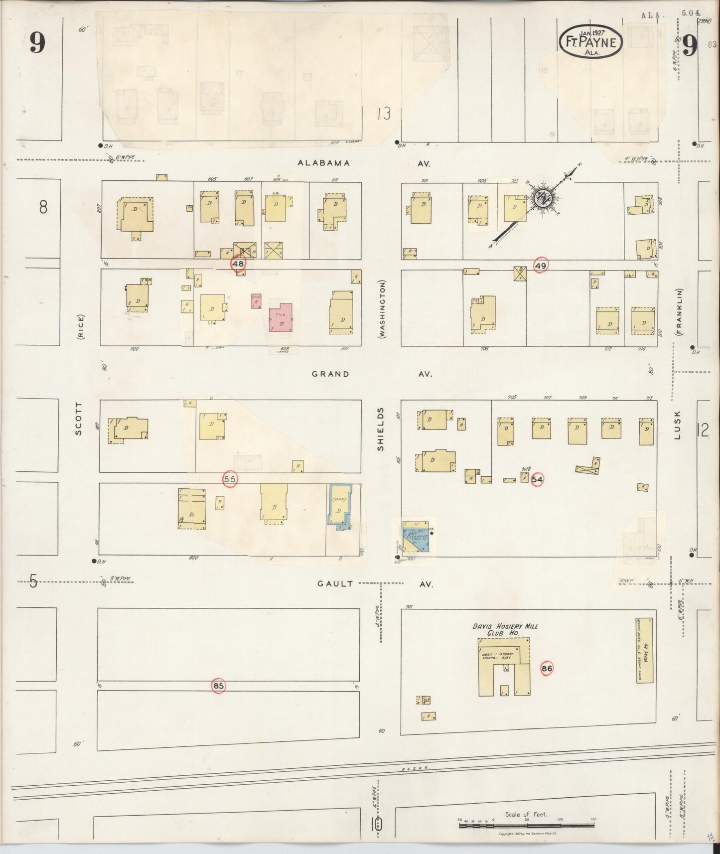 Sanborn Fire Insurance Map from Fort Payne, Dekalb County, Alabama (1935), Sheet #0009 - Historic Sanborn Fire Insurance Map Print, vintage old map wall art, antique decor, genealogy gift, Alabama Alabama map