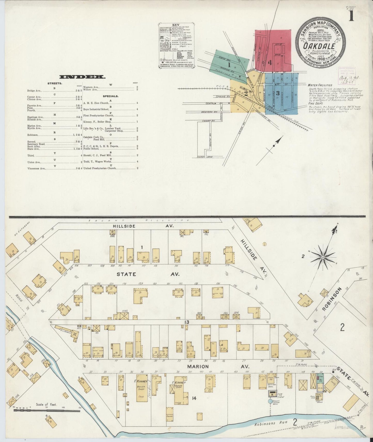 Sanborn Fire Insurance Map from Oakdale, Allegheny County, Pennsylvania (1908), Sheet #0001 - Historic Sanborn Fire Insurance Map Print, vintage old map wall art, antique decor, genealogy gift, Pennsylvania Pennsylvania map