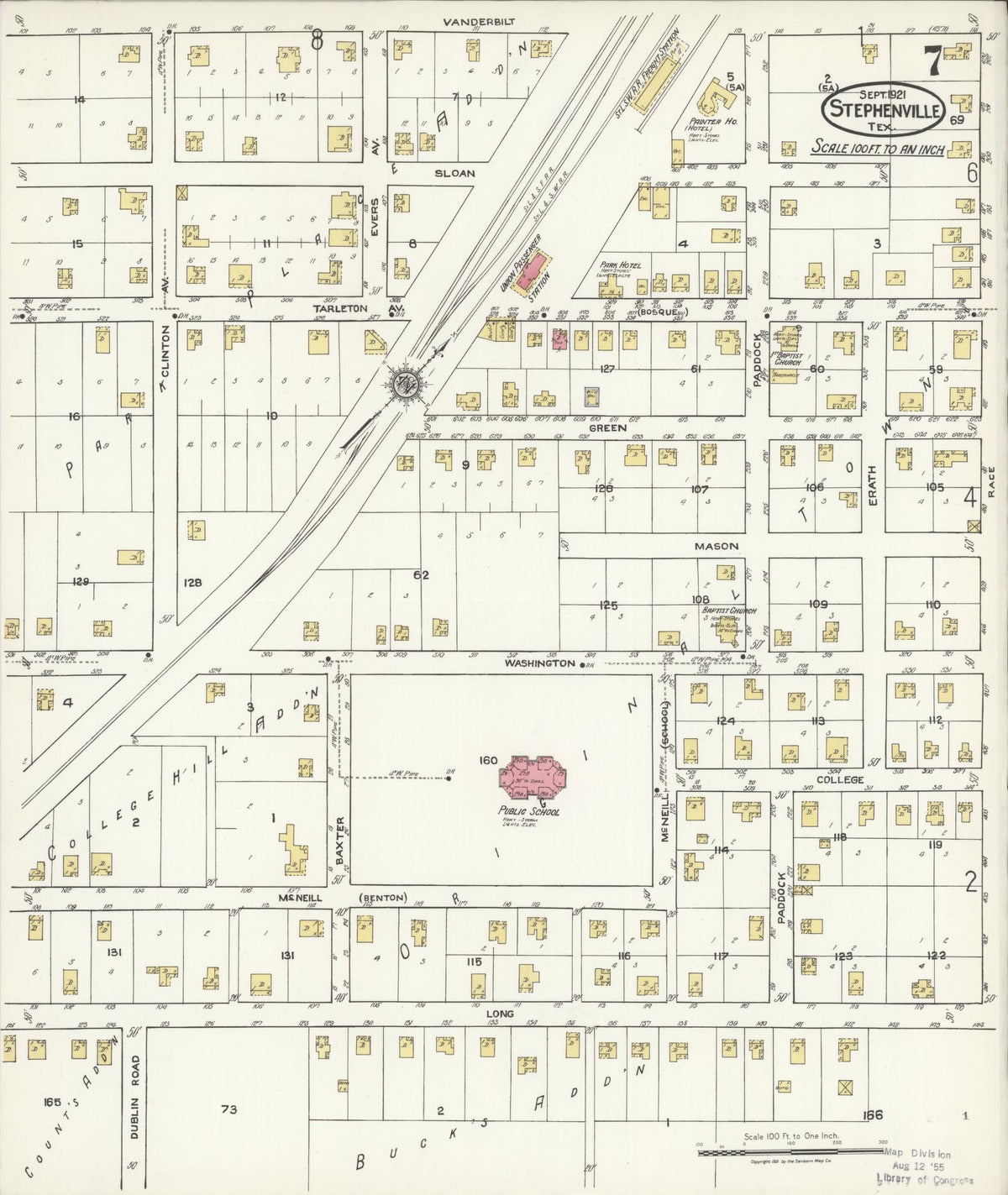 Sanborn Fire Insurance Map from Stephenville, Erath County, Texas (1921), Sheet #0007 - Complete Map Set gallery image, historic Sanborn map, vintage wall art, Texas Texas