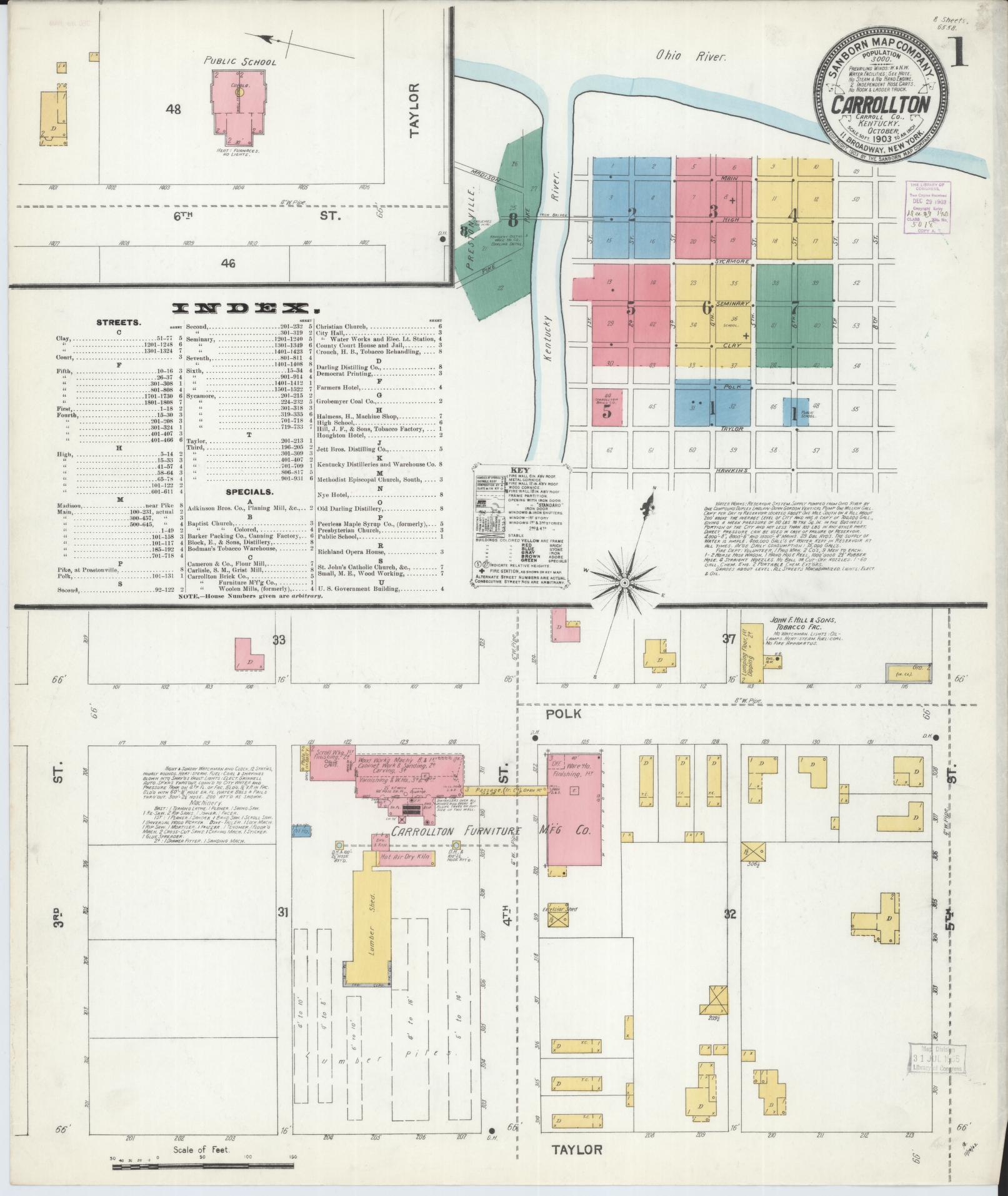 Sanborn Fire Insurance Map from Carrollton, Carroll County, Kentucky (1903), Sheet #0001 - Historic Sanborn Fire Insurance Map Print, vintage old map wall art, antique decor, genealogy gift, Kentucky Kentucky map