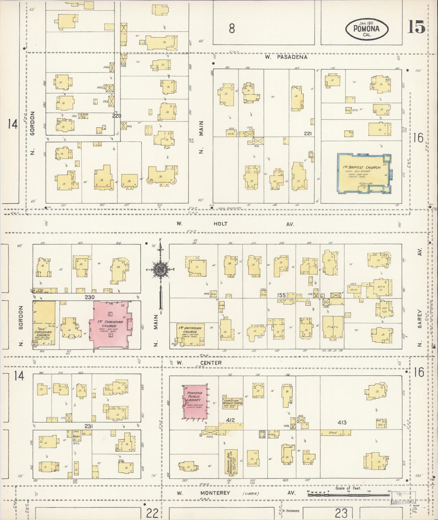 Sanborn Fire Insurance Map from Pomona, Los Angeles County, California (1911), Sheet #0015 - Complete Map Set gallery image, historic Sanborn map, vintage wall art, California California