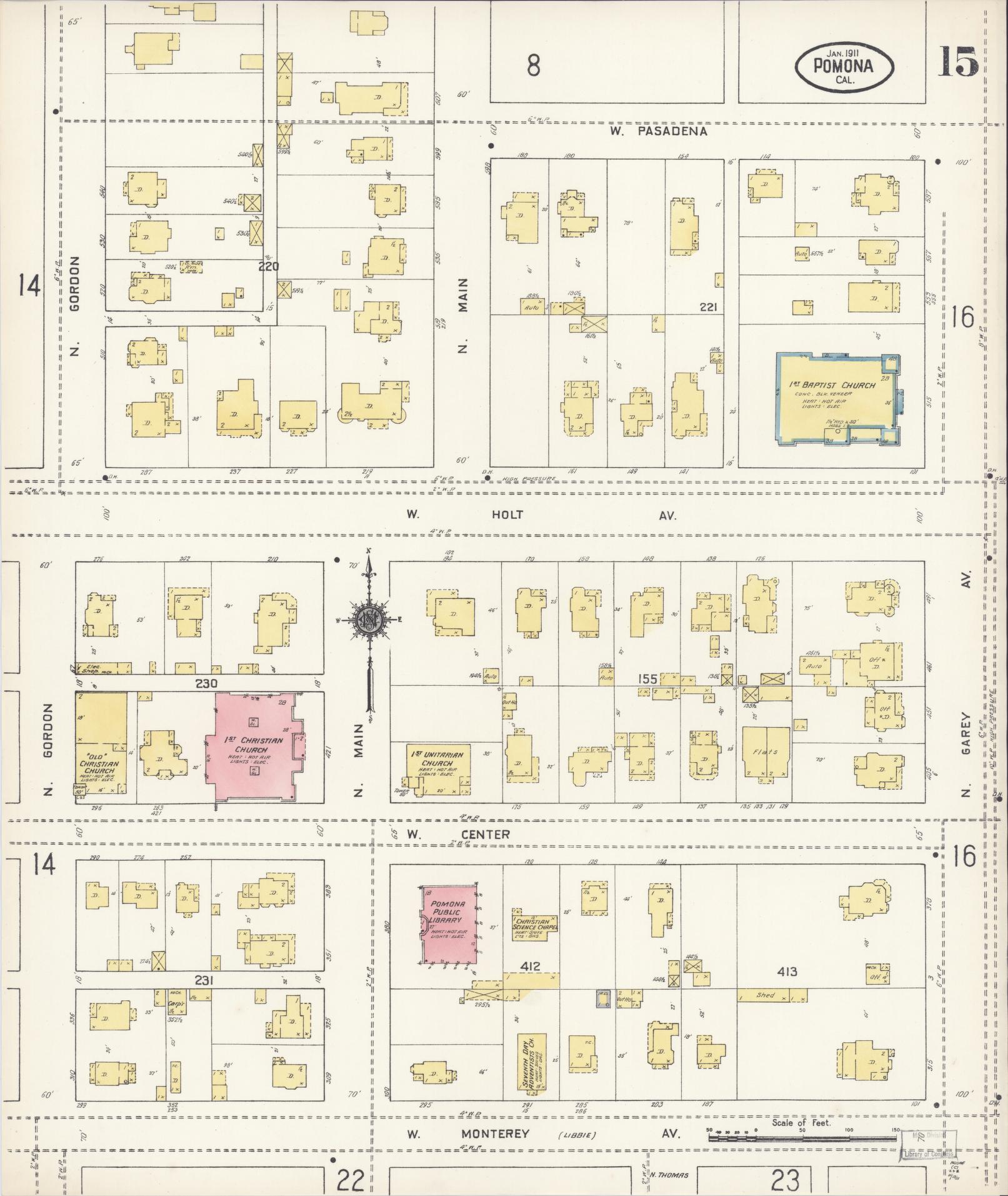 Sanborn Fire Insurance Map from Pomona, Los Angeles County, California (1911), Sheet #0015 - Complete Map Set gallery image, historic Sanborn map, vintage wall art, California California