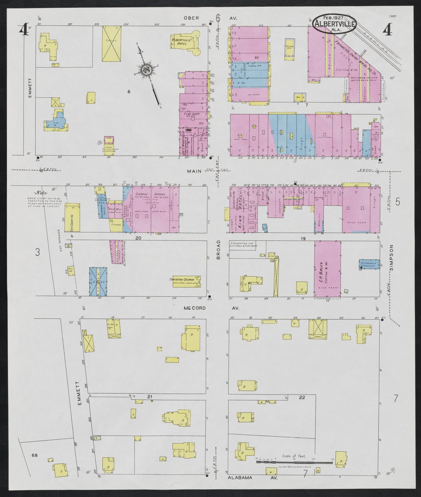 Sanborn Fire Insurance Map from Albertville, Marshall County, Alabama (1927), Sheet #0004 - Complete Map Set gallery image, historic Sanborn map, vintage wall art, Alabama Alabama