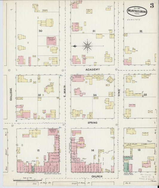 Sanborn Fire Insurance Map from Murfreesboro, Rutherford County, Tennessee (1891), Sheet #0003 - Historic Sanborn Fire Insurance Map Print, vintage old map wall art, antique decor, genealogy gift, Tennessee Tennessee map
