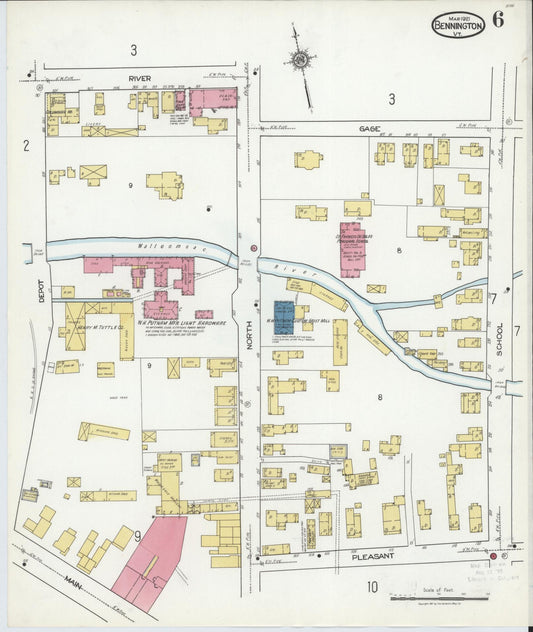 Sanborn Fire Insurance Map from Bennington, Bennington County, Vermont (1921), Sheet #0006 - Historic Sanborn Fire Insurance Map Print, vintage old map wall art, antique decor, genealogy gift, Vermont Vermont map