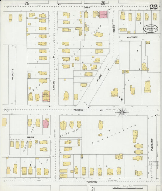 Sanborn Fire Insurance Map from Kenosha, Kenosha County, Wisconsin (1905), Sheet #0022 - Historic Sanborn Fire Insurance Map Print, vintage old map wall art, antique decor, genealogy gift, Wisconsin Wisconsin map
