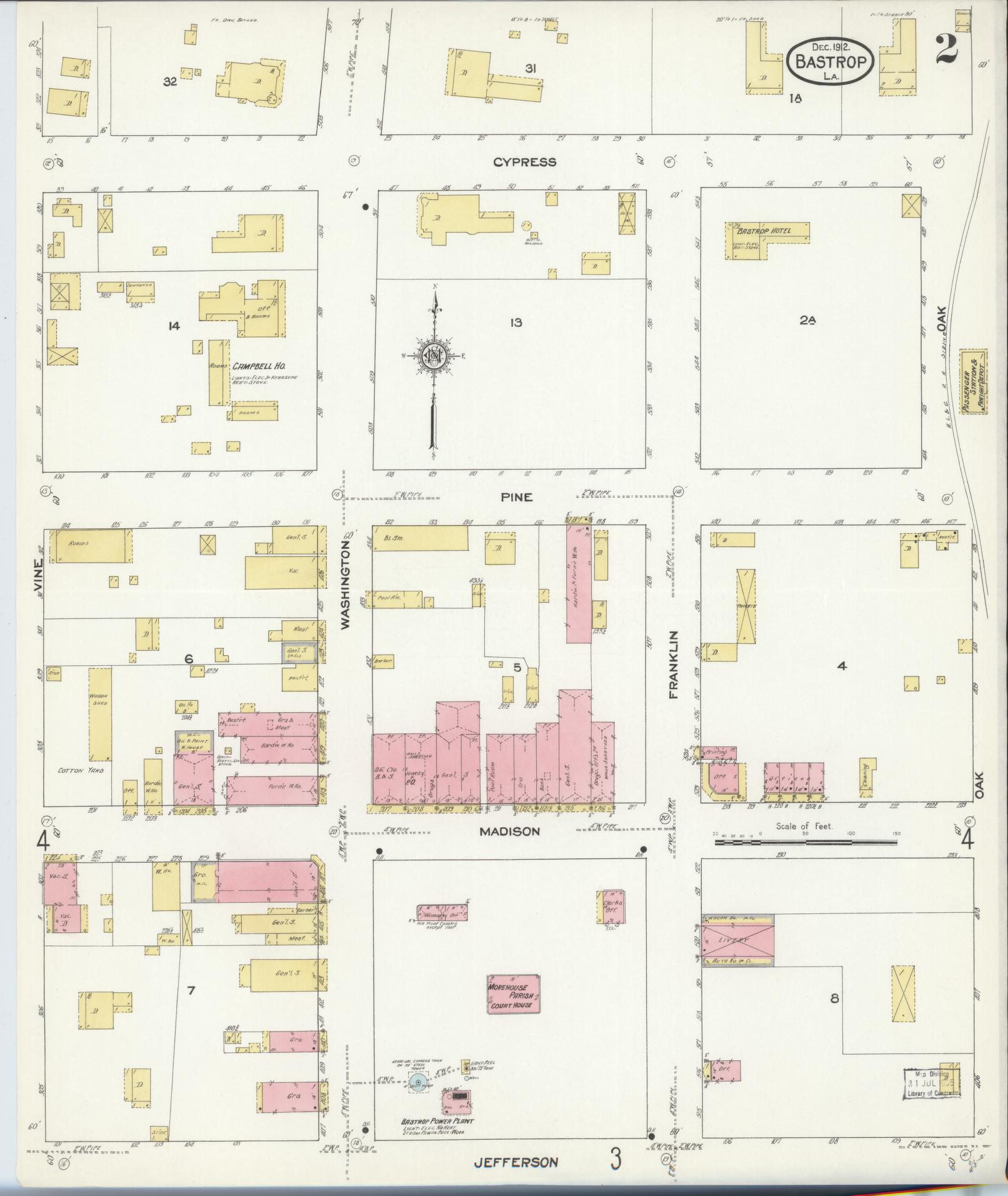 Sanborn Fire Insurance Map from Bastrop, Morehouse Parish, Louisiana (1912), Sheet #0002 - Complete Map Set gallery image, historic Sanborn map, vintage wall art, Louisiana Louisiana