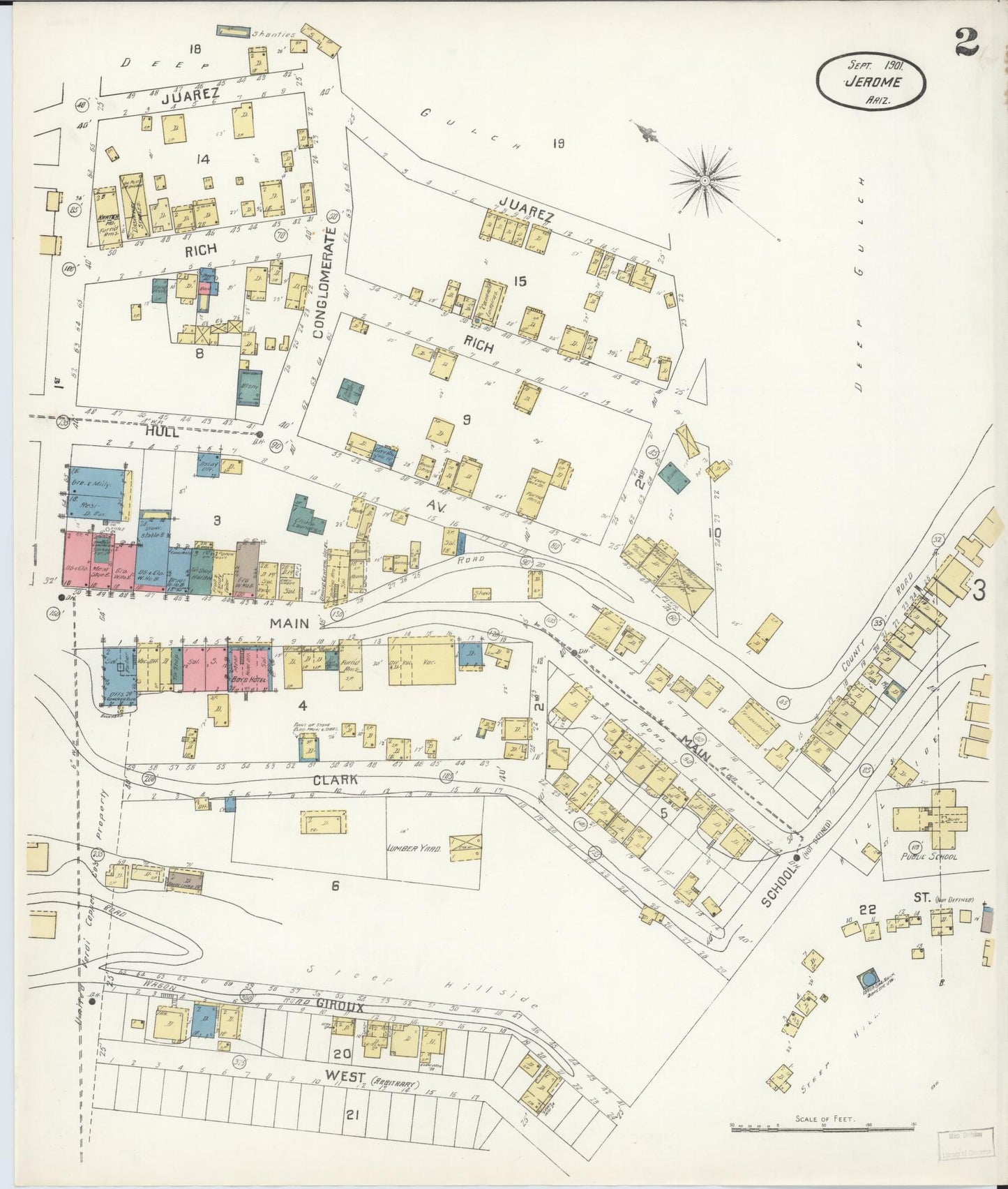 Sanborn Fire Insurance Map from Jerome, Yavapai County, Arizona (1901), Sheet #0002 - Historic Sanborn Fire Insurance Map Print, vintage old map wall art, antique decor, genealogy gift, Arizona Arizona map