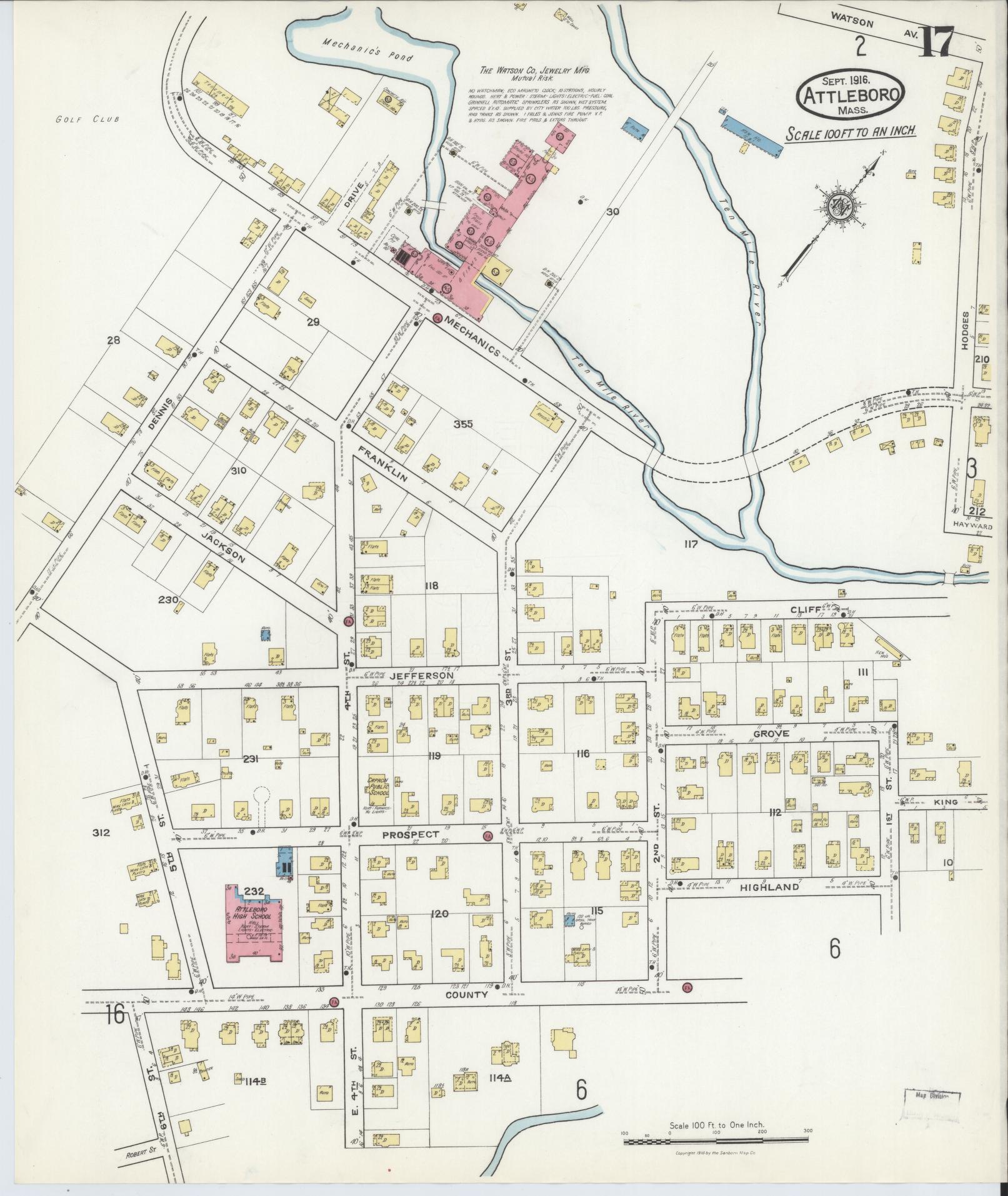 Sanborn Fire Insurance Map from Attleboro, Bristol County, Massachusetts (1916), Sheet #0017 - Historic Sanborn Fire Insurance Map Print, vintage old map wall art, antique decor, genealogy gift, Massachusetts Massachusetts map