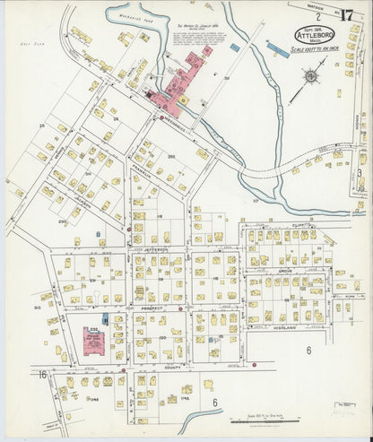 Sanborn Fire Insurance Map from Attleboro, Bristol County, Massachusetts (1916), Sheet #0017 - Historic Sanborn Fire Insurance Map Print, vintage old map wall art, antique decor, genealogy gift, Massachusetts Massachusetts map